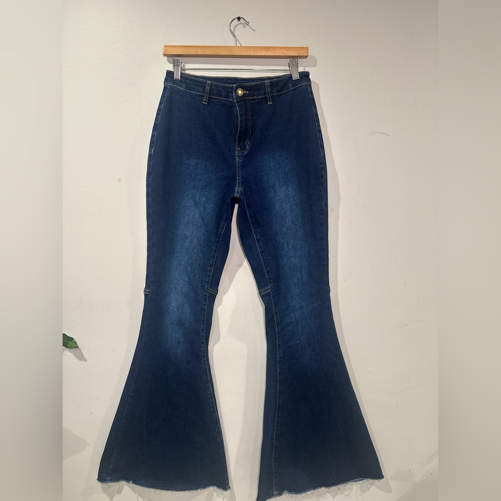 Y2K Wide legs stretchy jeans High-waisted navy blue distressed flare‎ LARGE